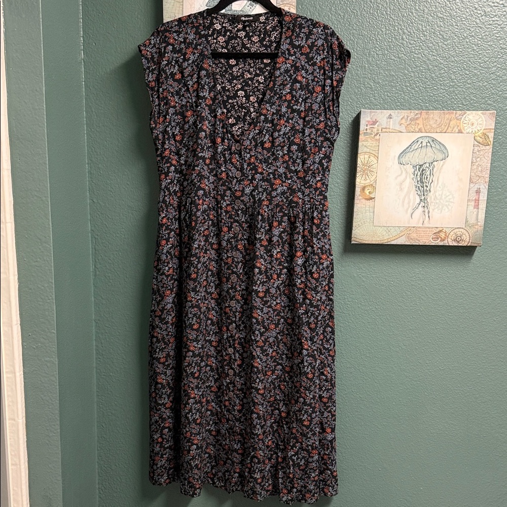 Madewell Black and Red Floral Midi Dress